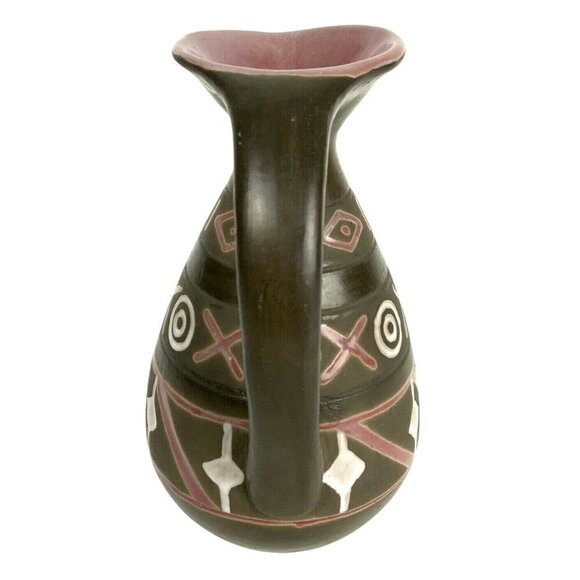 Art Pottery Boho Style Ceramic Oil Syrup Pitcher Brown & Red Graphic Design - Picture 4 of 7